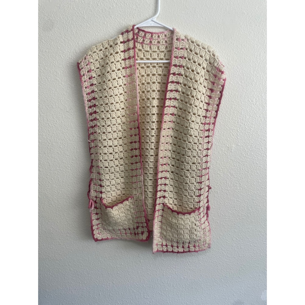 Handmade Crochet Vest Womens Medium Cream Pink Boho Granny Square Pockets